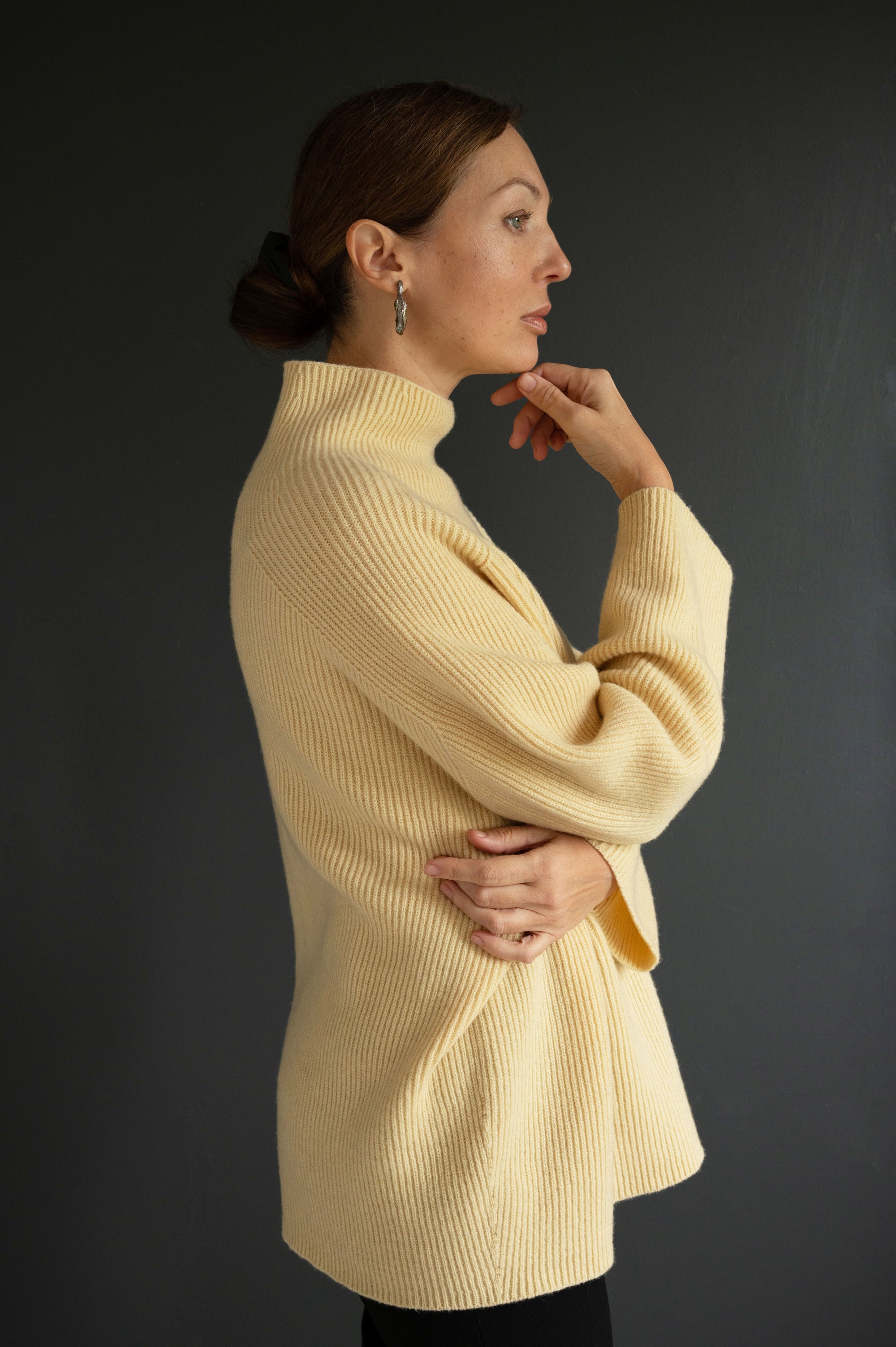 Long Ribbed Merino Sweater in Butter Yellow.