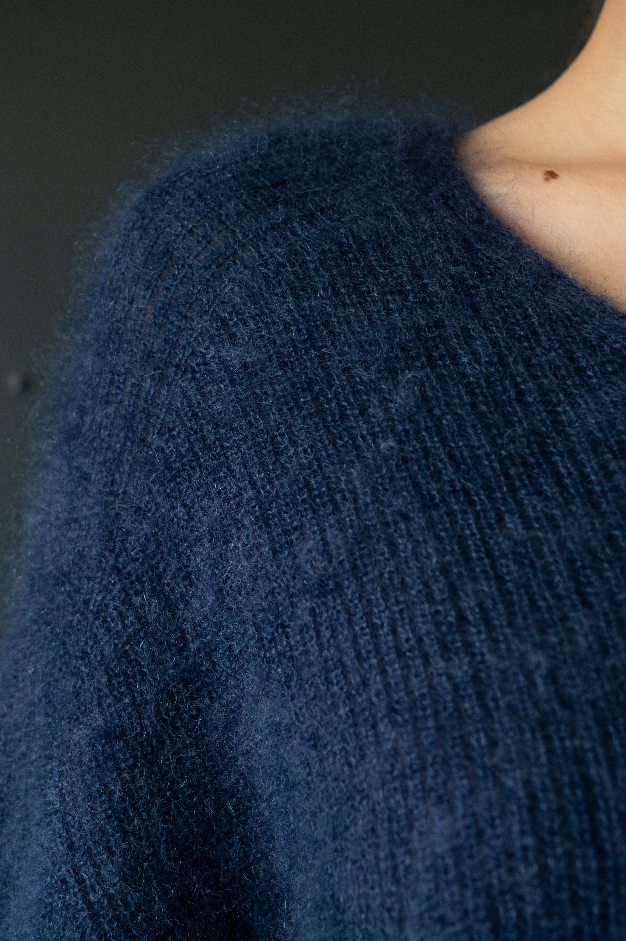 Mohair & Silk Cropped Sleeves Sweater in Navy