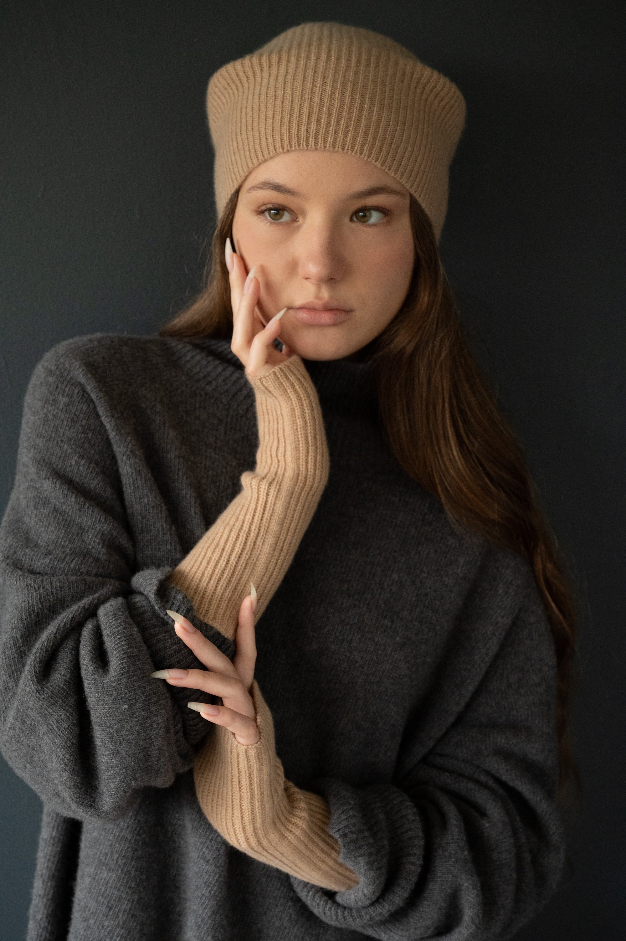 Cashmere Slouch Rib Hat and Rib Mittens