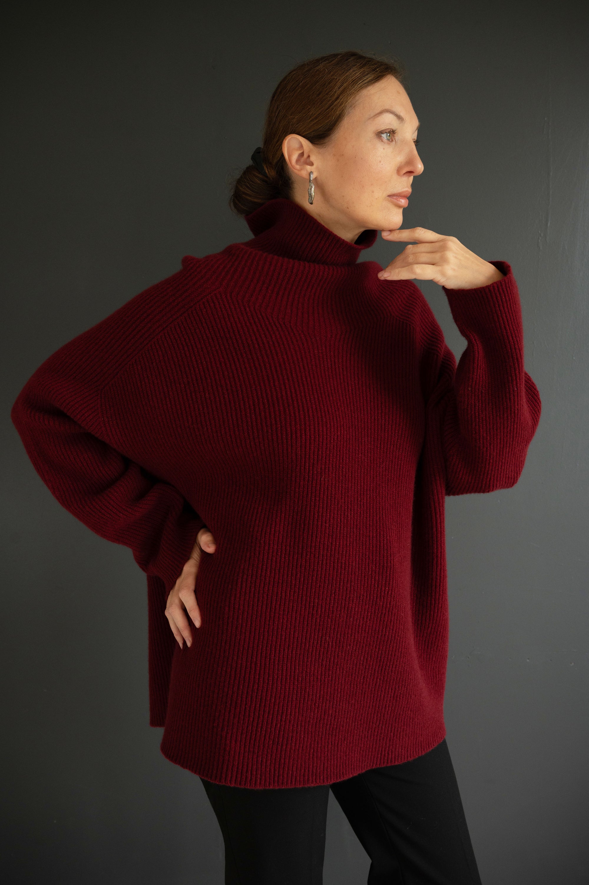 Long Ribbed Merino Sweater in Burgundy