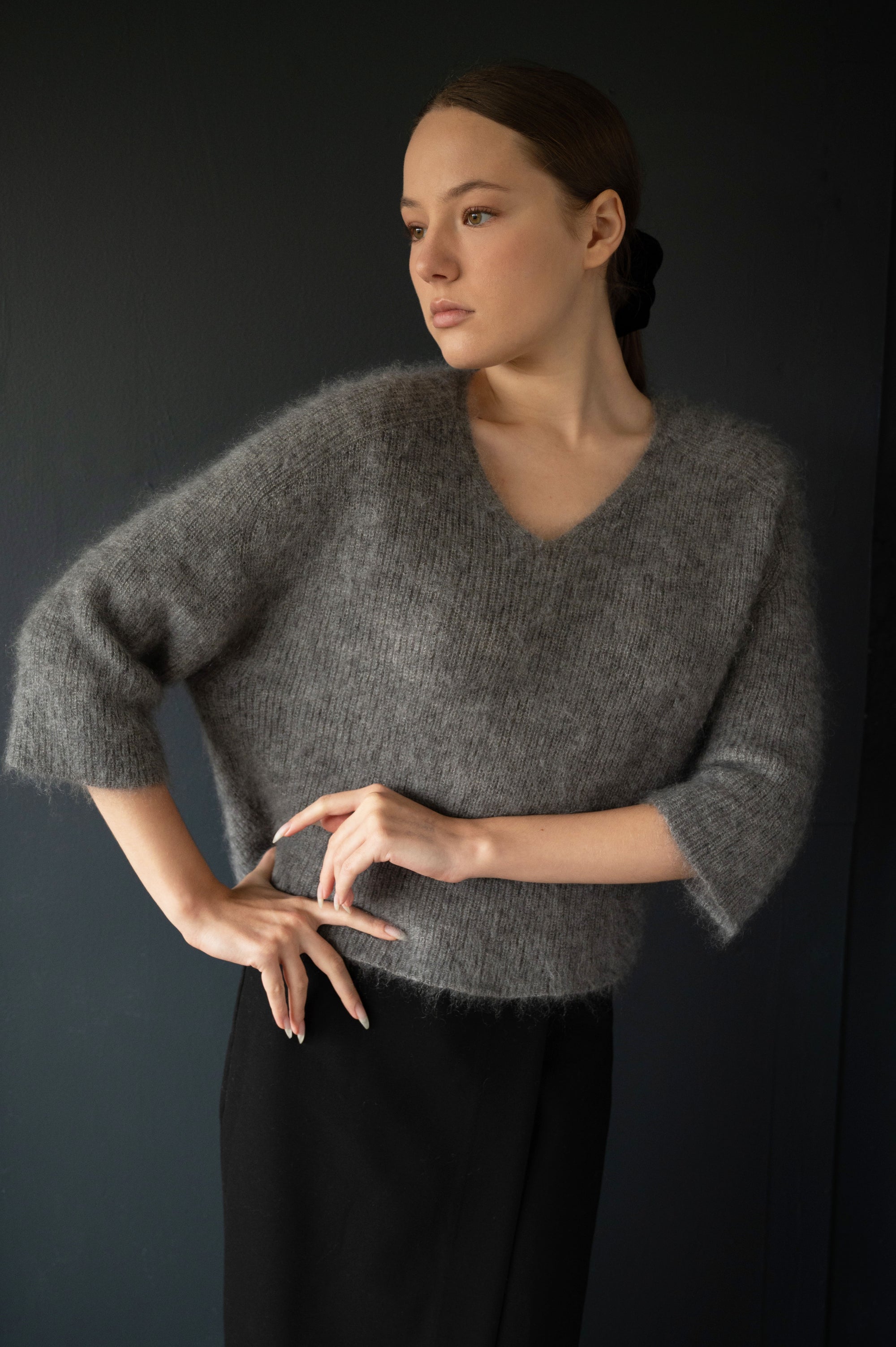 Mohair & Silk Cropped Sleeves Sweater in Grey