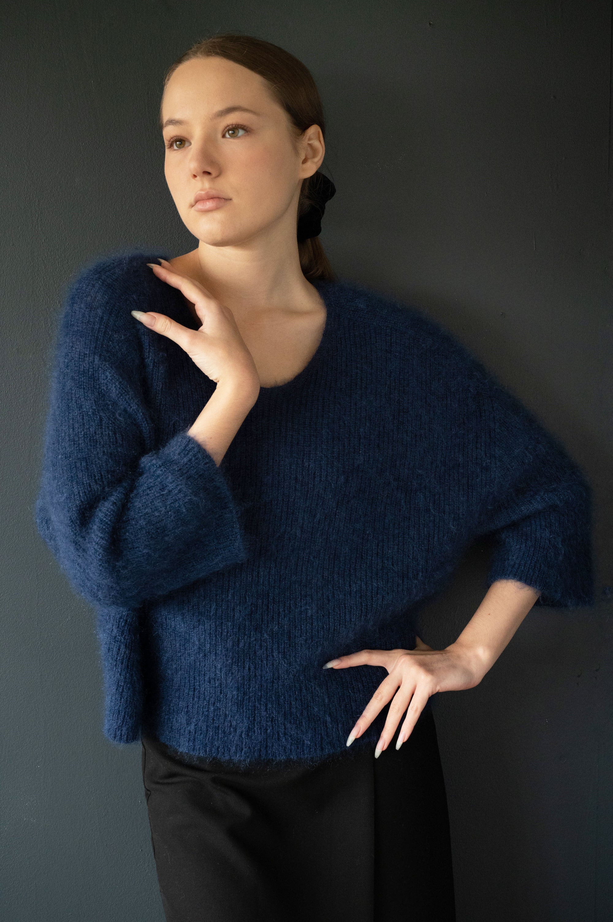Mohair & Silk Cropped Sleeves Sweater in Navy