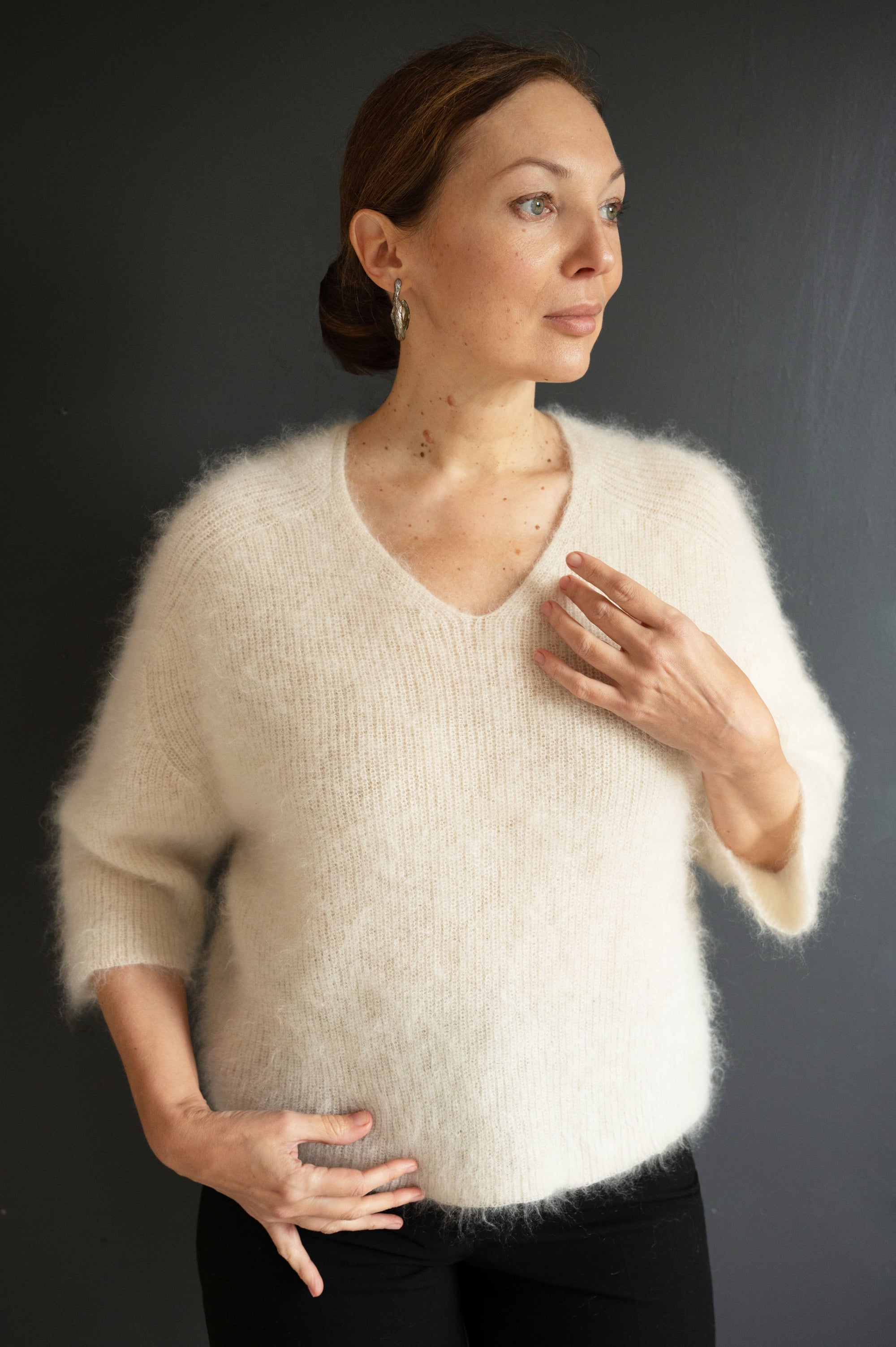 Mohair & Silk Cropped Sleeves Sweater in Off White