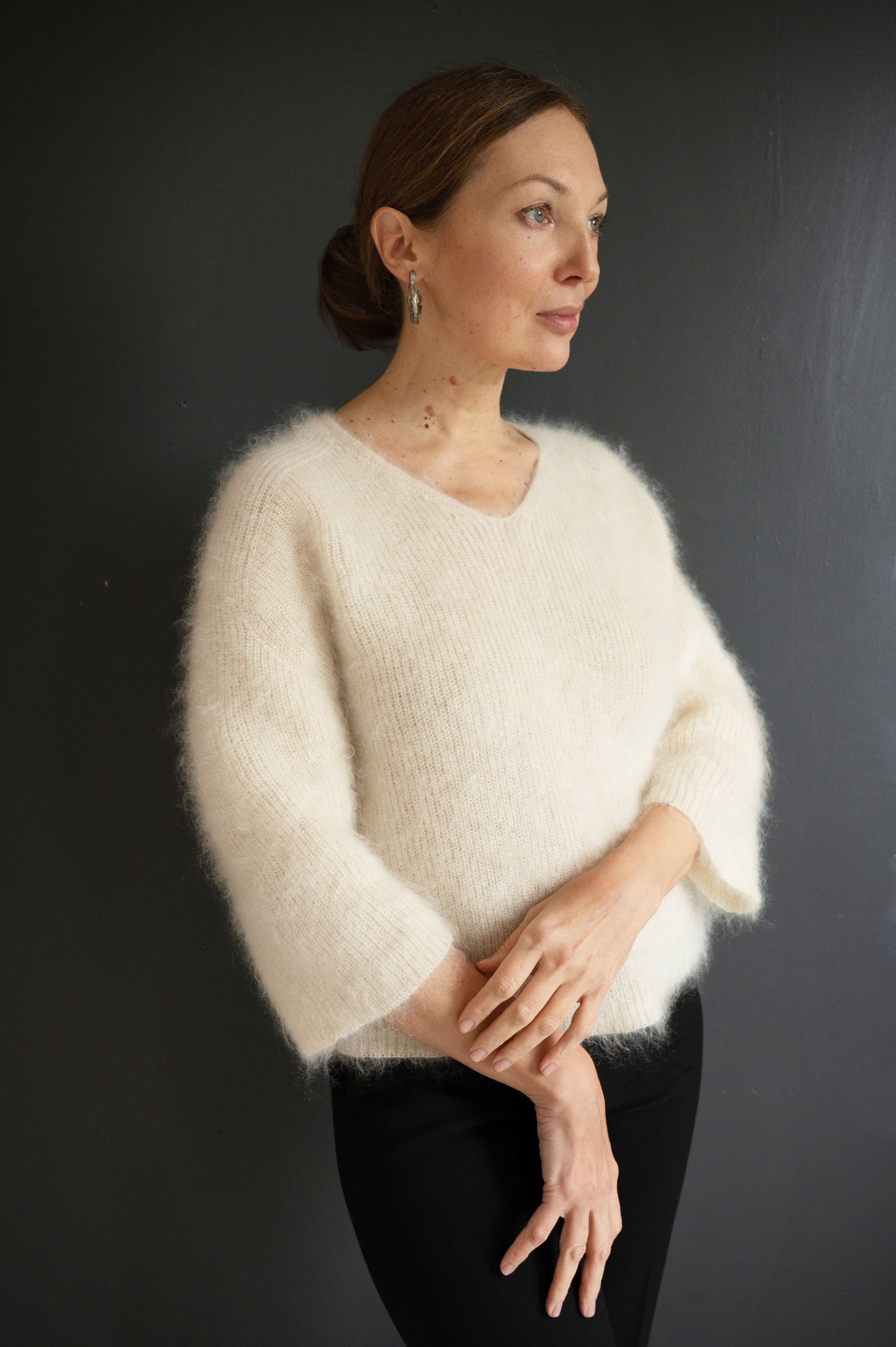 Mohair & Silk Cropped Sleeves Sweater in Off White