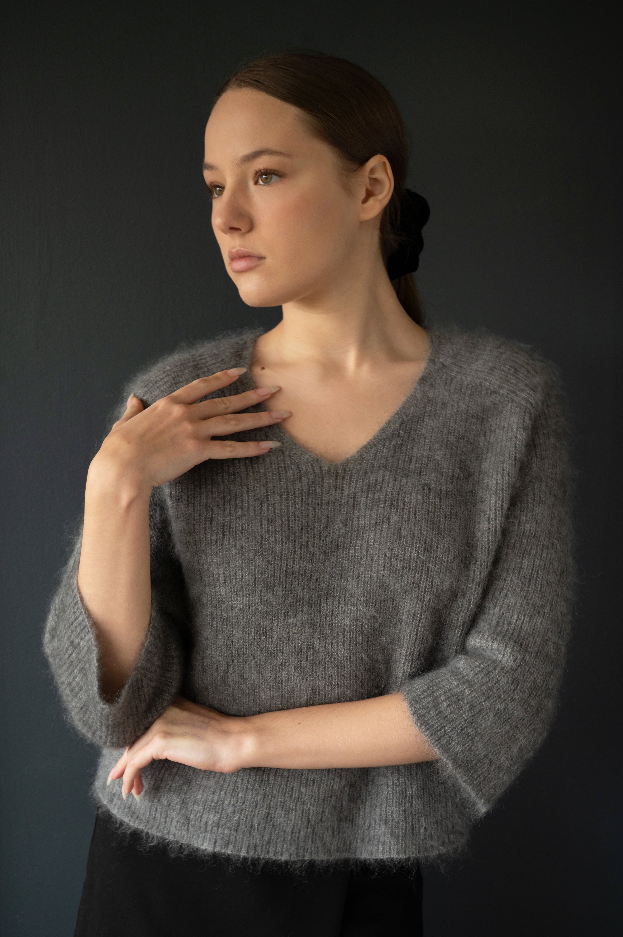 Mohair & Silk Cropped Sleeves Sweater in Grey