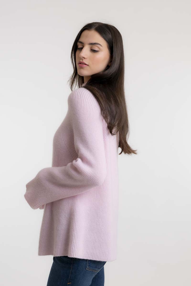 Pull Cachemire Côtelé Rose Clair