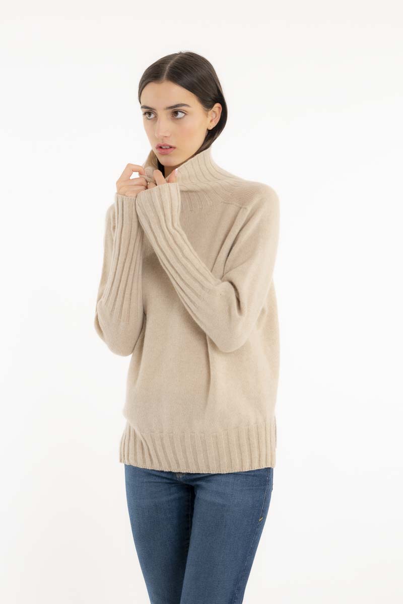 Pull Epaule Selle Cachemire Beige Clair