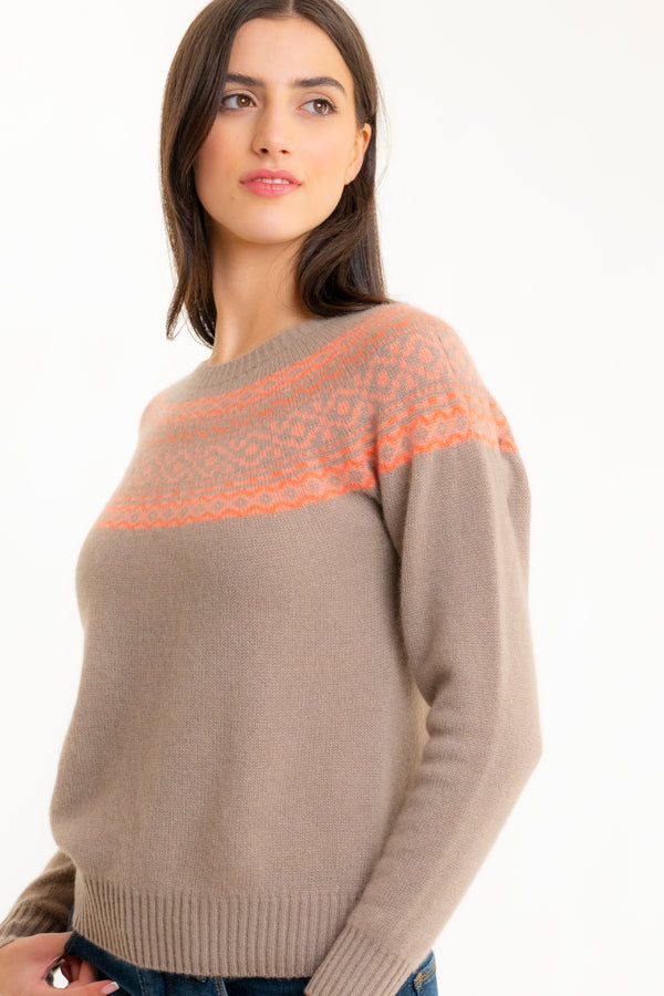 Pull Cachemire Fair Isle Beige Foncé