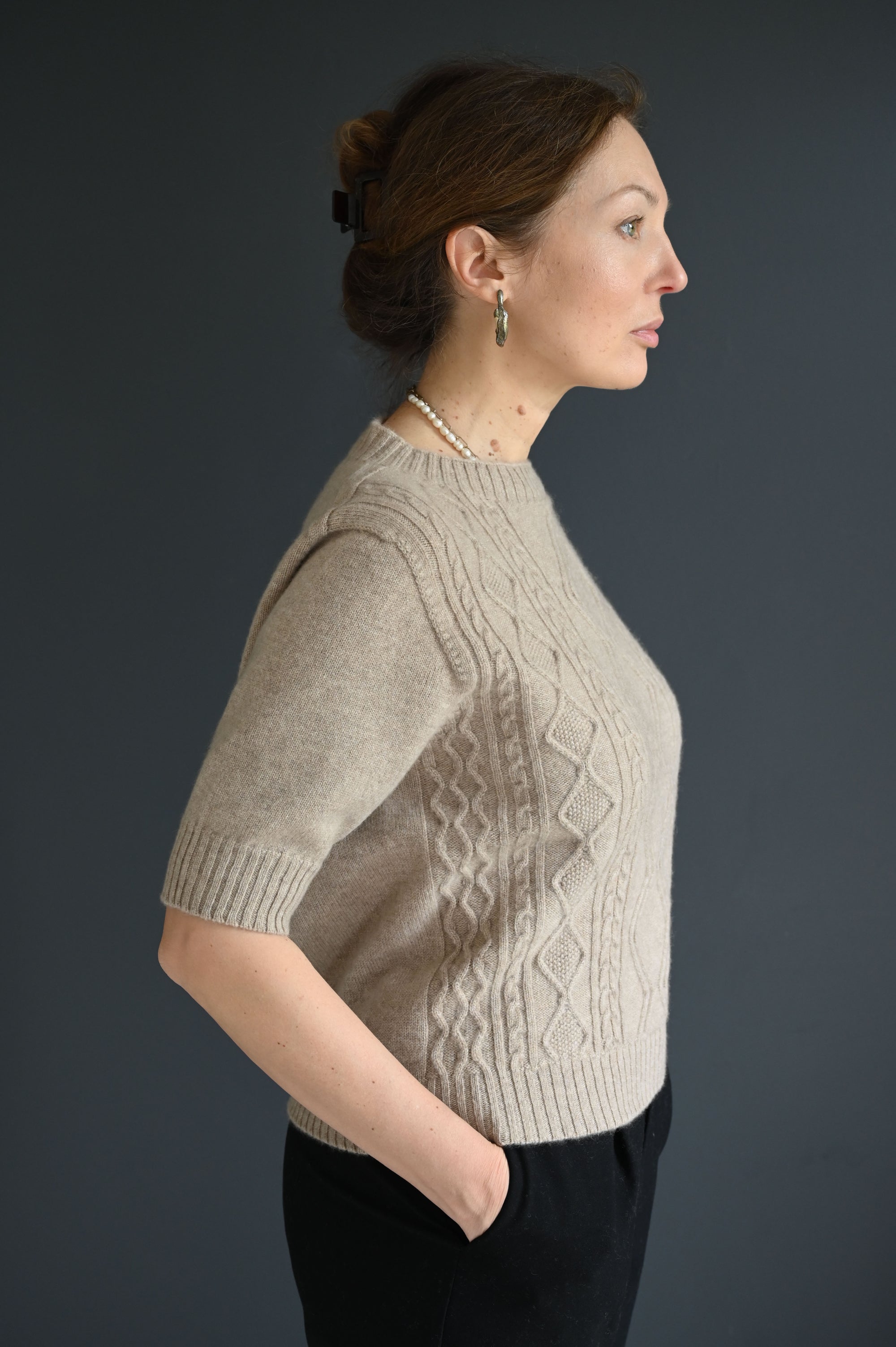 Cashmere Short Sleeve Aran Sweater Dark Beige