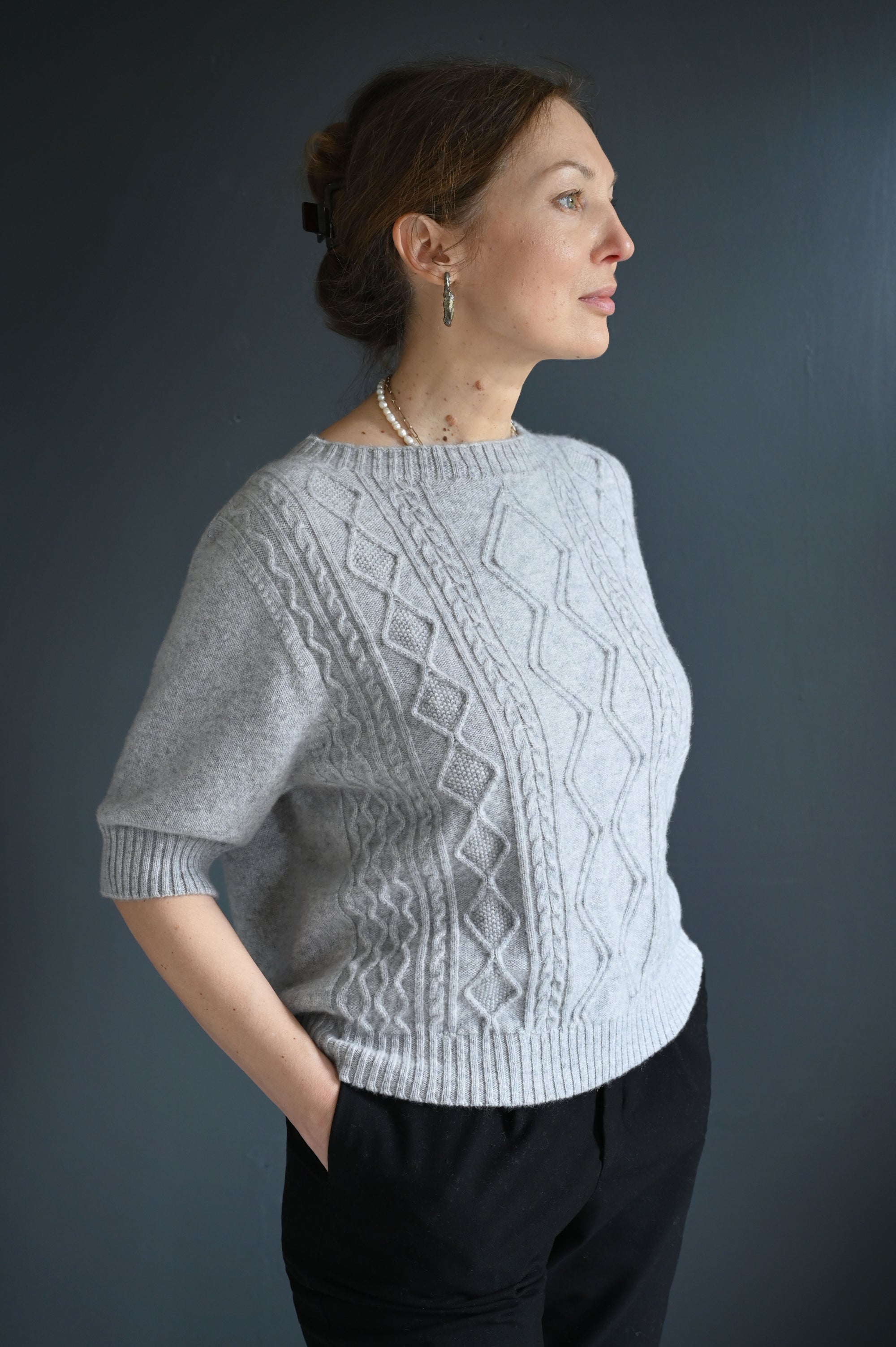 Cashmere Short Sleeve Aran Sweater Light Grey