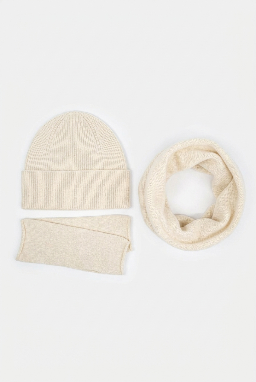 Cashmere Fisherman Hat &amp; Jersey Snood &amp; Jersey Mittens Gift Set
