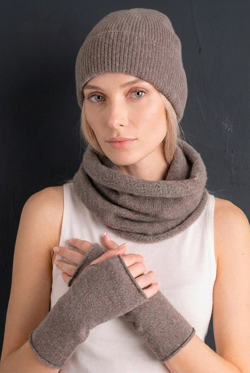 Cashmere Fisherman Hat &amp; Jersey Snood &amp; Jersey Mittens Gift Set